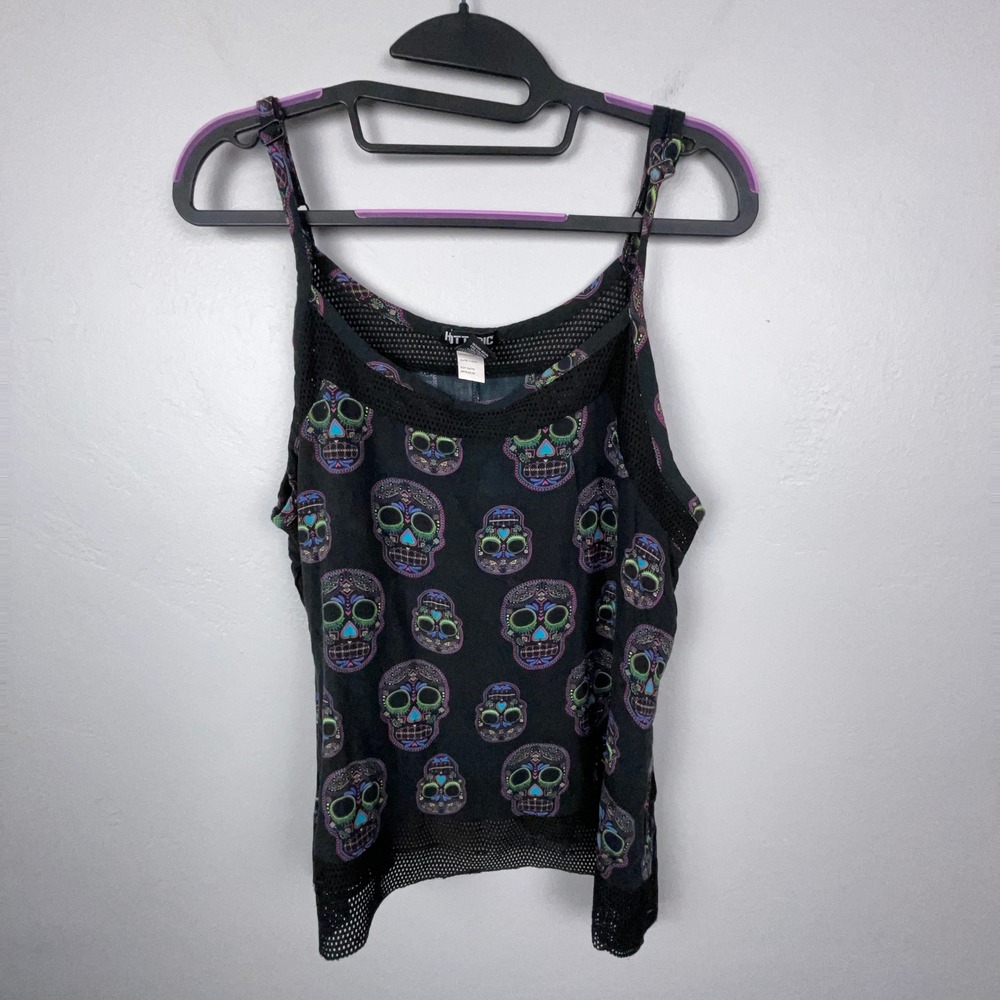 Hot Topic Cami Women XL Black Sugar Skull Mesh Trim Rayon Tank Top Goth Punk